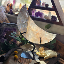 Load image into Gallery viewer, XL Elestial Quartz Crescent Moon on a Stand