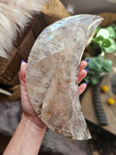 Load image into Gallery viewer, XL Elestial Quartz Crescent Moon on a Stand