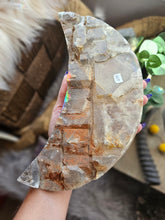Load image into Gallery viewer, XL Elestial Quartz Crescent Moon on a Stand