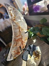 Load image into Gallery viewer, XL Elestial Quartz Crescent Moon on a Stand