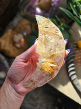Load image into Gallery viewer, Golden Healer Quartz Crescent Moon on a Stand