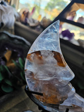 Load image into Gallery viewer, Golden Healer + Hematoid Quartz Crescent Moon on a Stand
