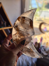 Load image into Gallery viewer, Golden Healer + Hematoid Quartz Crescent Moon on a Stand