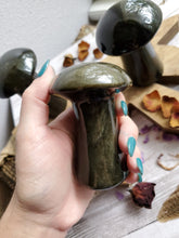 Load image into Gallery viewer, Gold Sheen Obsidian Carved Mushrooms