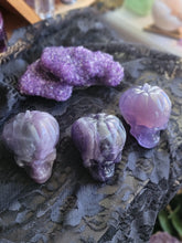 Load image into Gallery viewer, Evil Purple Fluorite Crystal Pumpkin Skulls