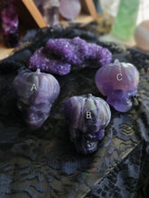Load image into Gallery viewer, Evil Purple Fluorite Crystal Pumpkin Skulls