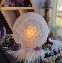 Load image into Gallery viewer, Selenite Satin Spar Sacred Geometry Crystal Lamp