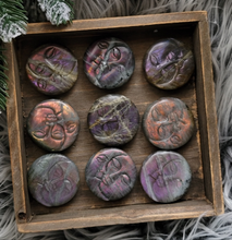 Load image into Gallery viewer, Labradorite Sunset Sun + Moon Carvings