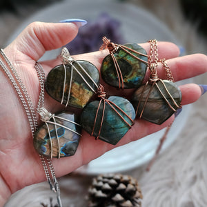 Labradorite Wire Wrapped Puffy Heart Shaped Crystal Pendant Necklaces