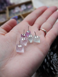 Fluorite Octahedron Gemstone Stud Earrings