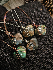 Labradorite Wire Wrapped Puffy Heart Shaped Crystal Pendant Necklaces