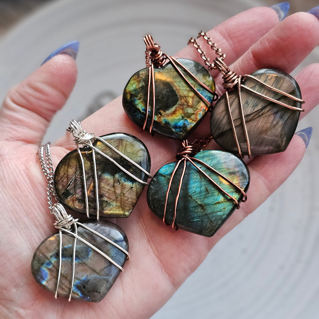 Labradorite Wire Wrapped Puffy Heart Shaped Crystal Pendant Necklaces
