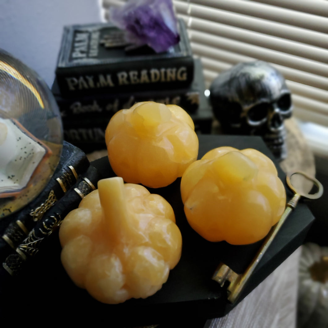 Orange Calcite Carved Halloween Crystal Pumpkin