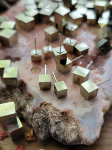 Genuine Mexican Cubic Pyrite Gemstone Stud Earrings