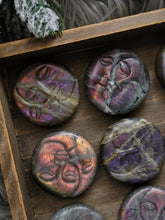 Load image into Gallery viewer, Labradorite Sunset Sun + Moon Carvings
