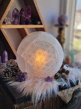 Load image into Gallery viewer, Selenite Satin Spar Sacred Geometry Crystal Lamp
