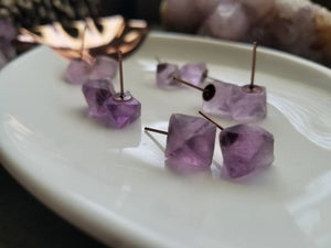 Purple Fluorite Octahedron Crystal Gemstone Geometric Stud Earrings