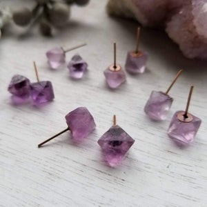 Purple Fluorite Octahedron Crystal Gemstone Geometric Stud Earrings