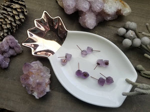 Purple Fluorite Octahedron Crystal Gemstone Geometric Stud Earrings