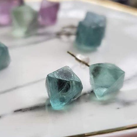 Green Fluorite Octahedron Crystal Gemstone Geometric Stud Earrings