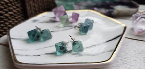 Green Fluorite Octahedron Crystal Gemstone Geometric Stud Earrings