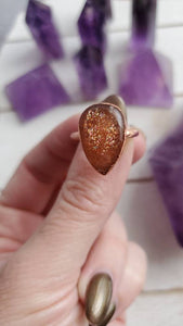 Natural Tanzania Confetti Sunstone Gemstone Pure Copper Electroformed Statement Ring