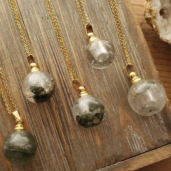 Natural Gemstone Lodolite Chlorite Spherical Crystal Poison Bottle Hollow Necklace